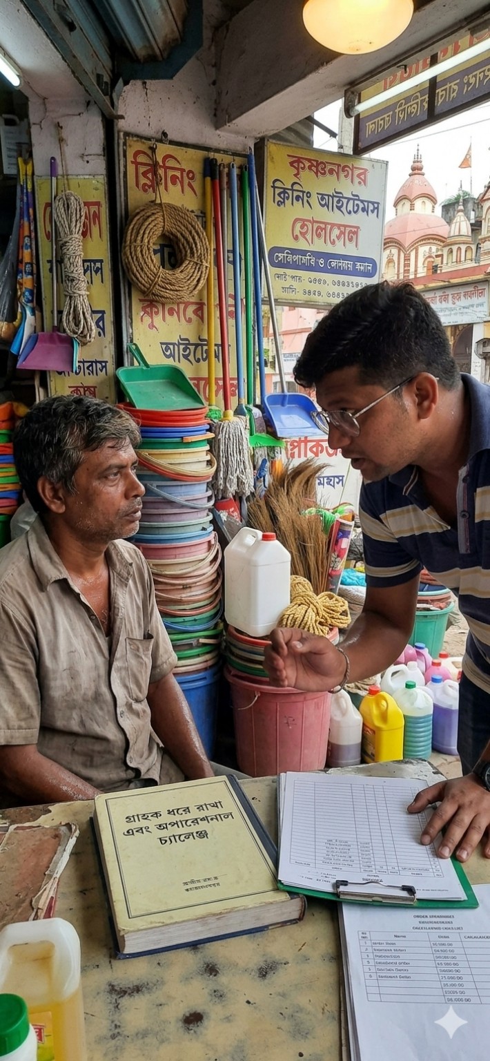 Somnath in conversation with a merchant in a household-goods market
