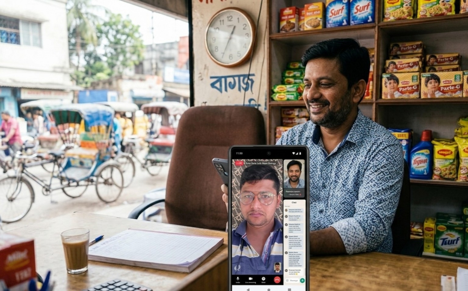 Shopkeeper speaking with Somnath through a mobile video conversation