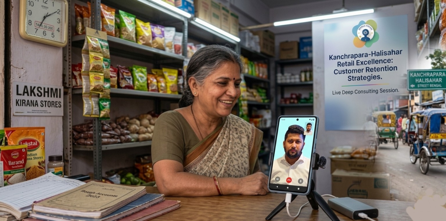 A local merchant holding a phone during a SimpleAgentix field conversation