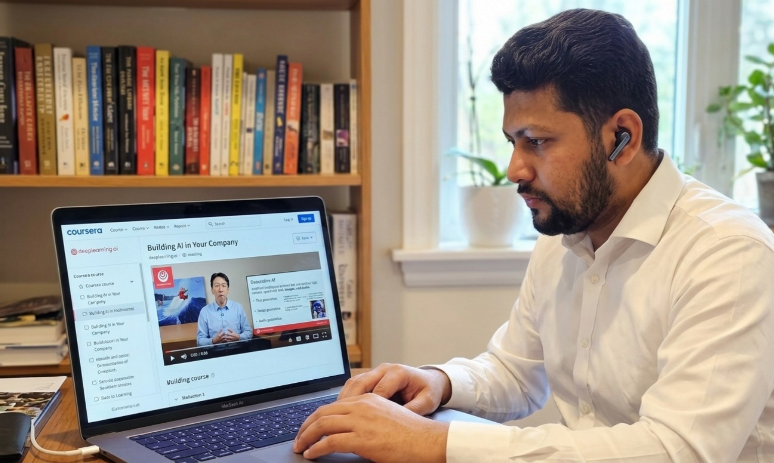 Somnath studying an AI strategy course at his desk