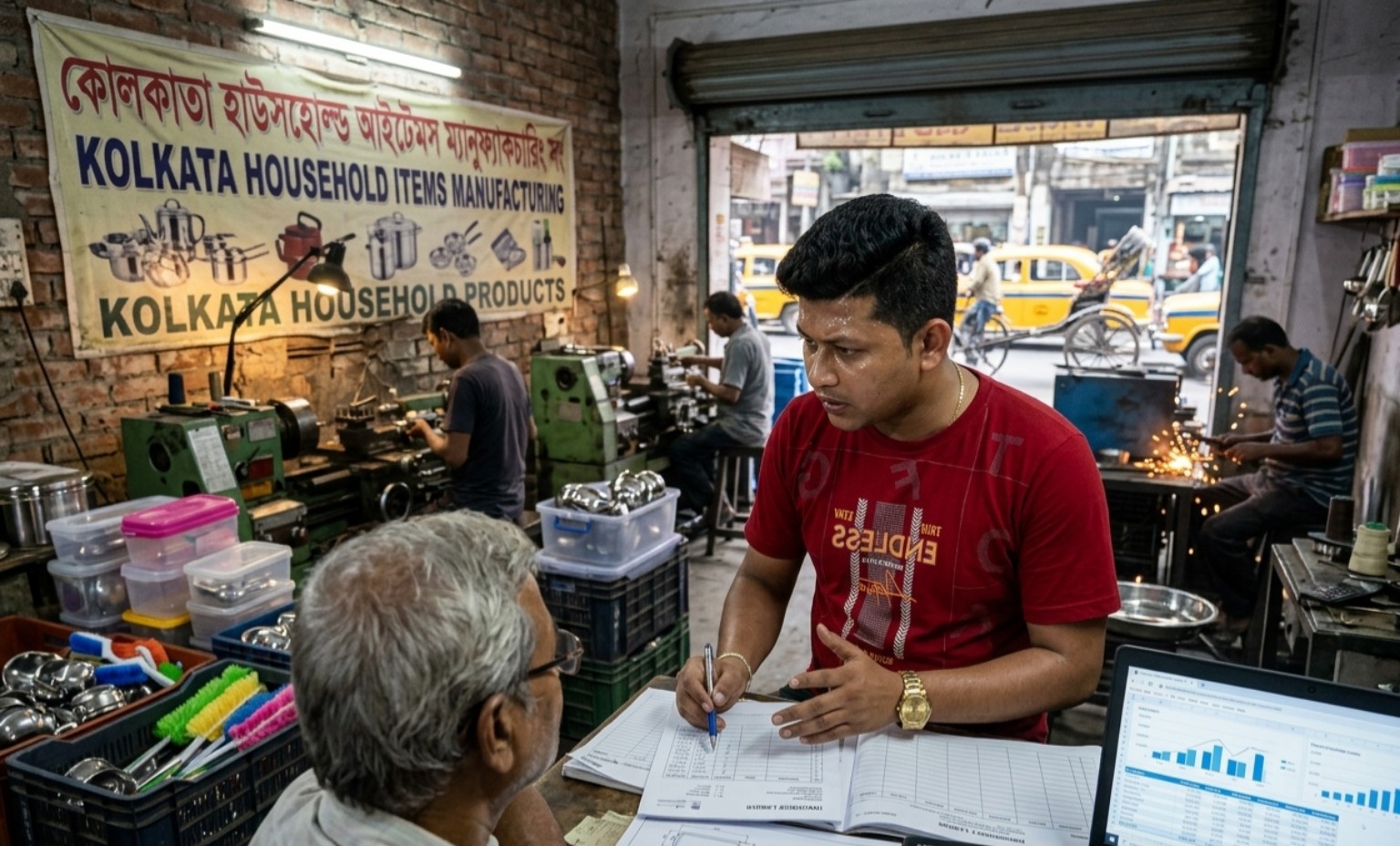 Somnath reviewing business records with a household-goods merchant in a Kolkata workshop